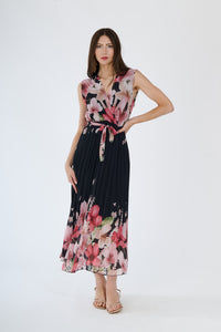 Abito estivo Nero con stampa floreale, scollatura a V, design senza maniche e cordoncino alla vita