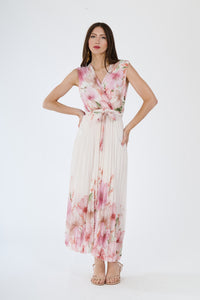 Abito estivo Rosa con stampa floreale, scollatura a V, design senza maniche e cordoncino alla vita