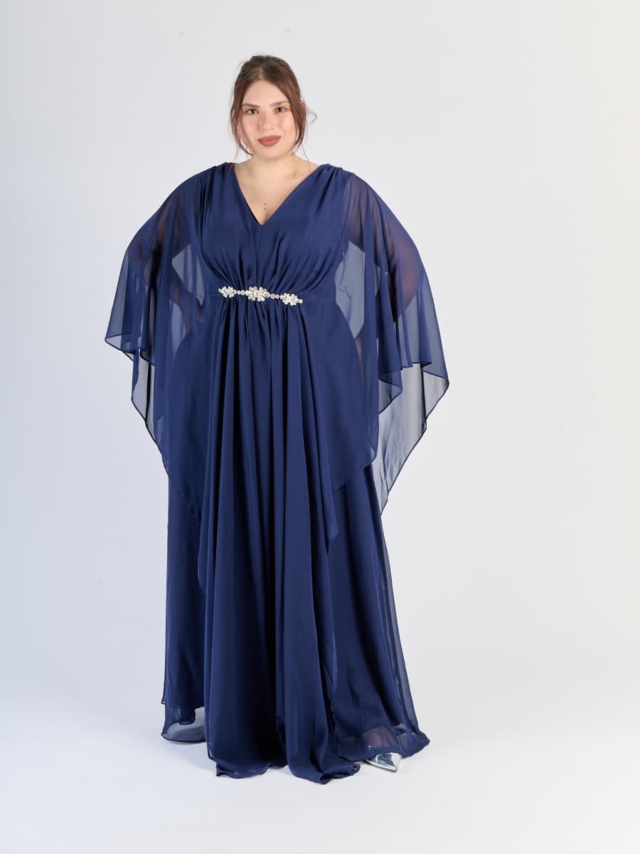 Abito fluido Blu scuro, fascia decorativa al vita, silhouette avvolgente