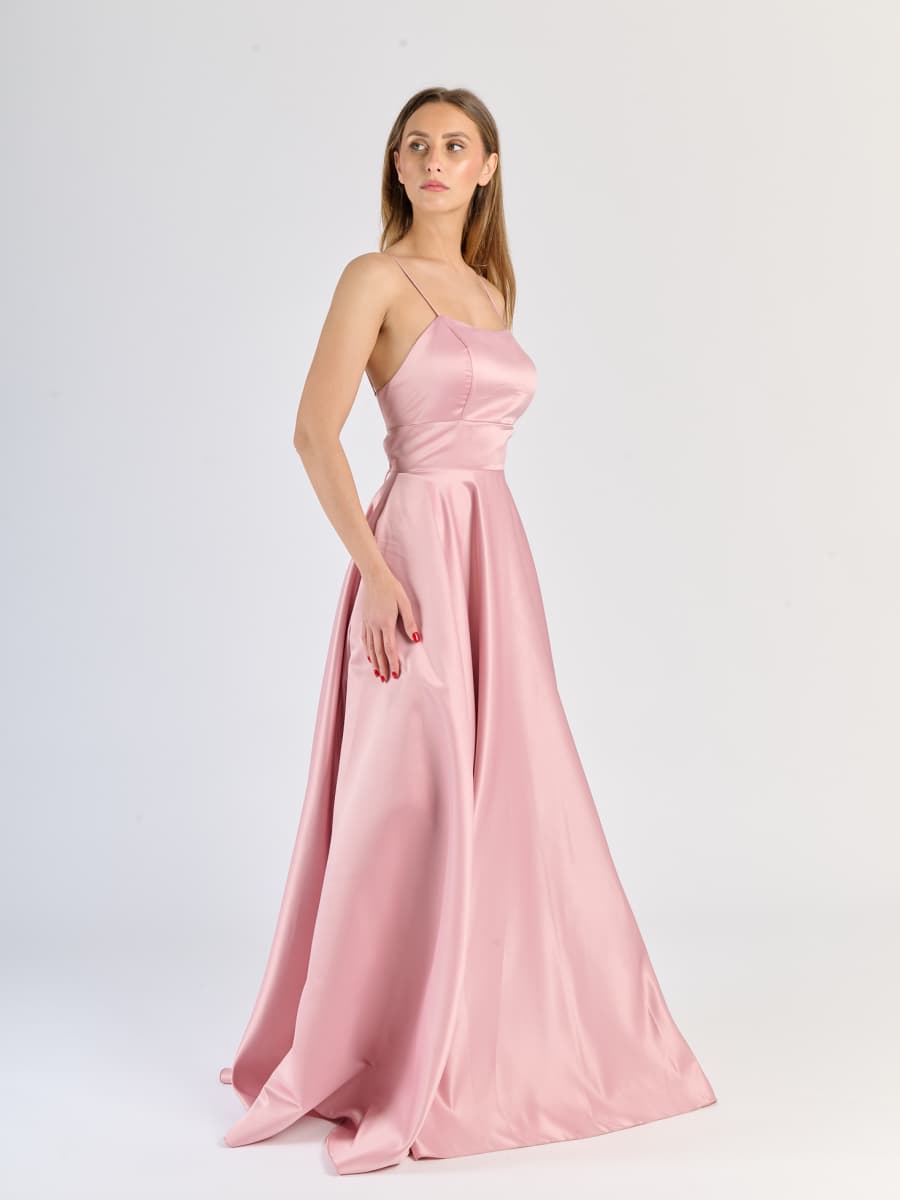 Abito formale Rosa con drappeggi sul busto e tessuto opaco-lucido