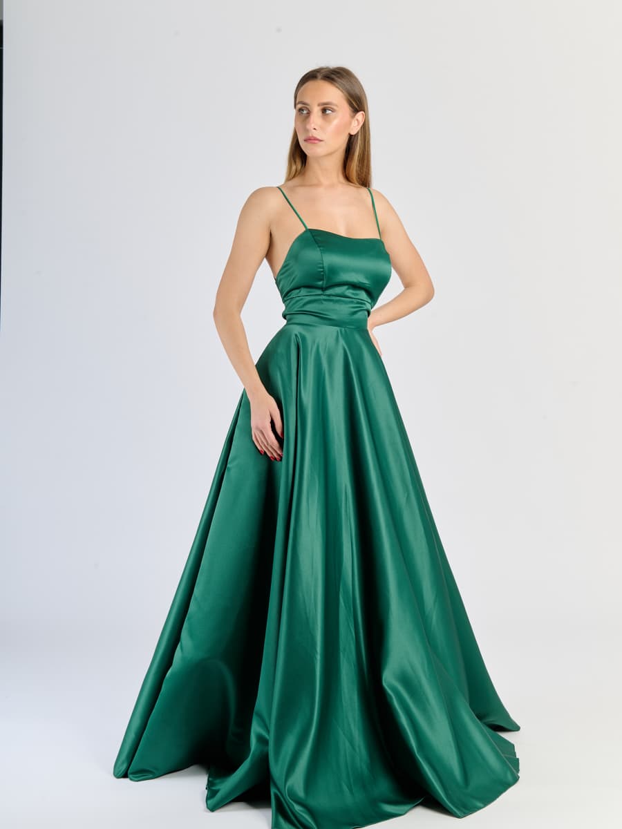 Abito formale Verde.S con drappeggi sul busto e tessuto fluido