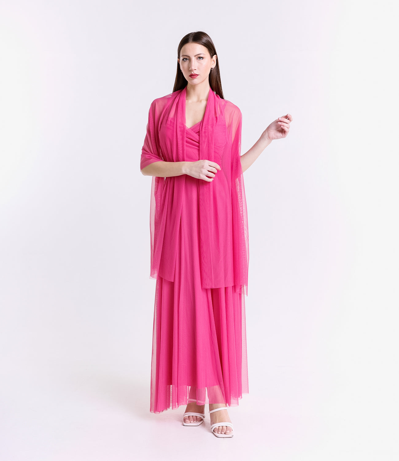 Abito fuxia trasparente, maxi dress, impatto visivo forte