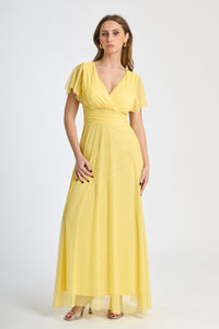 Abito giallo in tulle, scollo a V, maniche chiffon, stile vivace
