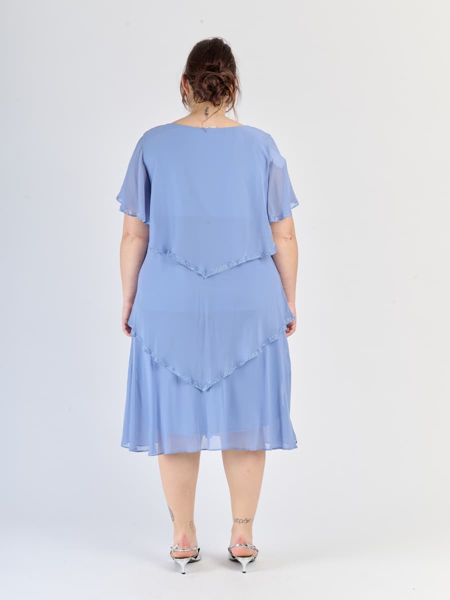 Abito lavanda elegante, chiffon traslucido, design a livelli e maniche scollate