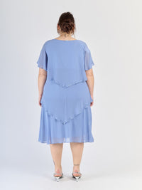 Abito lavanda elegante, chiffon traslucido, design a livelli e maniche scollate