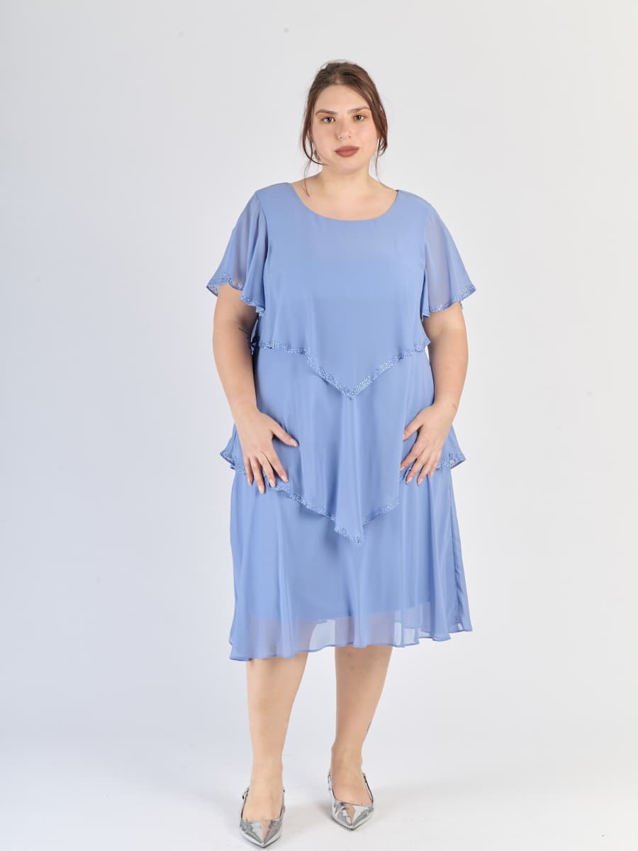 Abito lavanda a tre strati in chiffon, maniche trasparenti e dolcezza viola