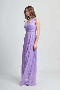 Abito lilla con fascia in vita, ideale per cerimonie