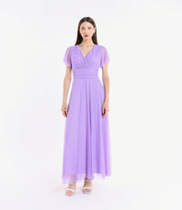 Abito lilla in tulle, scollo a V, maniche chiffon, stile affascinante