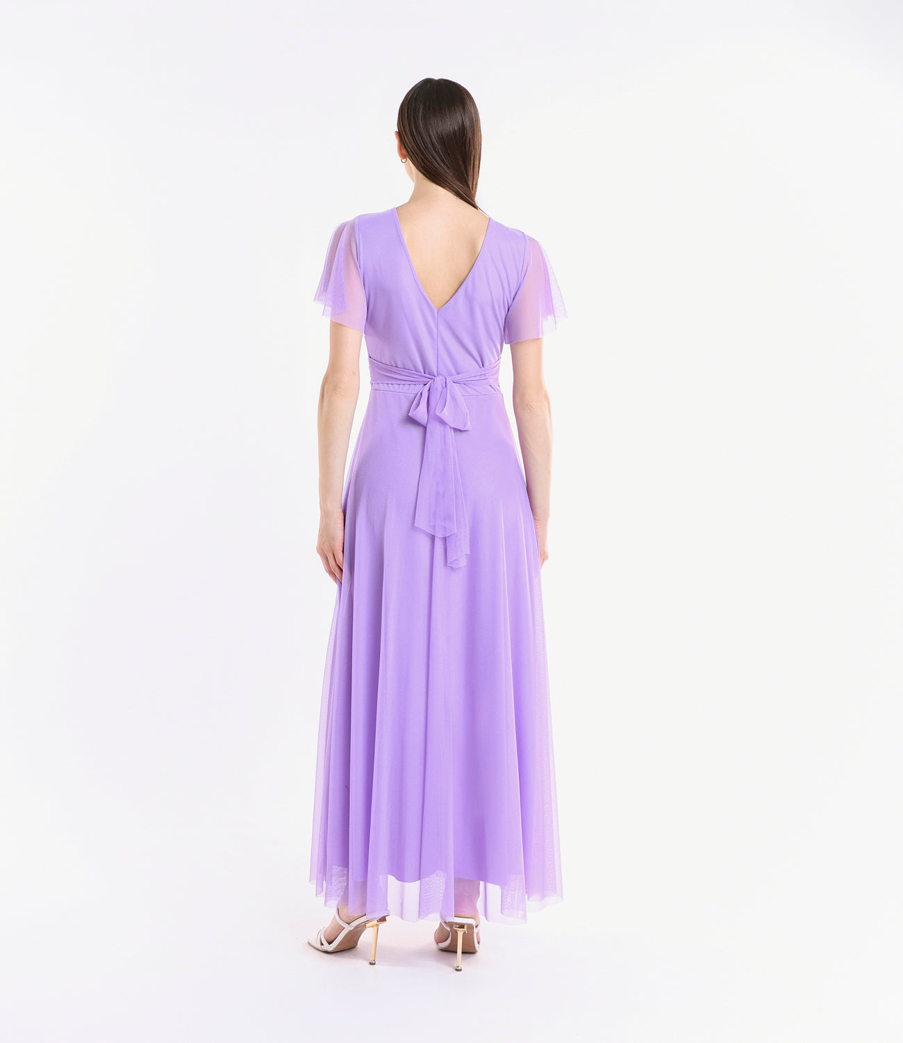 Abito lilla laccio vita, tulle trasparente, design tenero, per serate estive