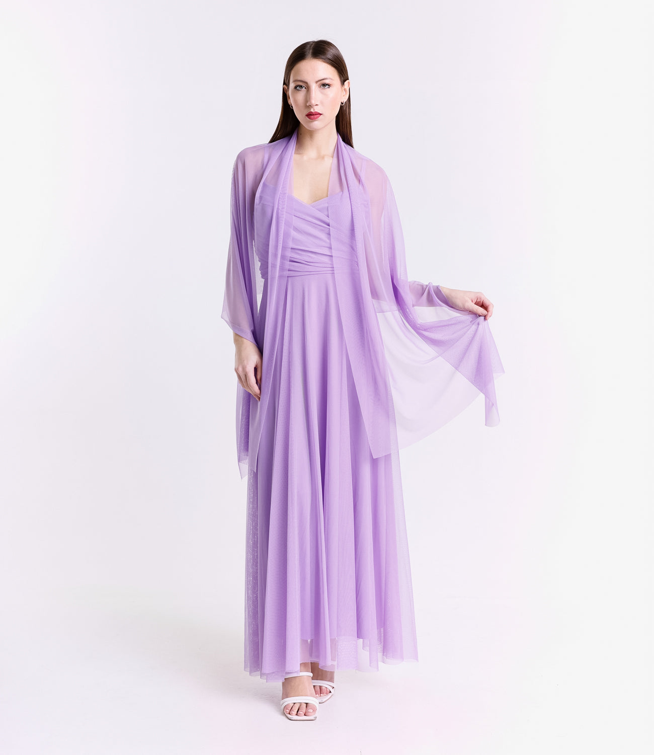 Abito lilla trasparente, maxi dress, atmosfera magica