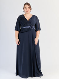 Abito lungo Navy, scollatura a V, maniche ampie