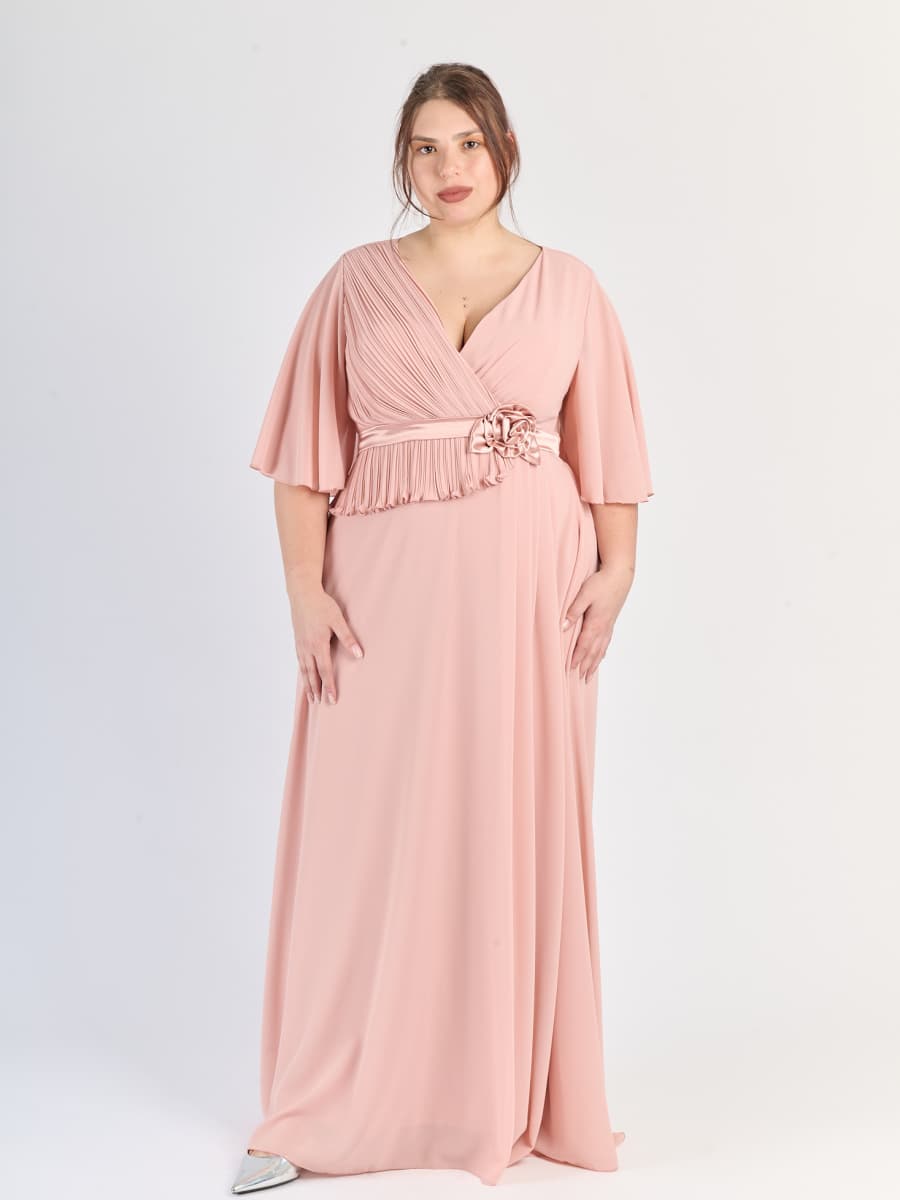 Abito lungo Rosa Antico, scollatura a V, drappaggi soffici