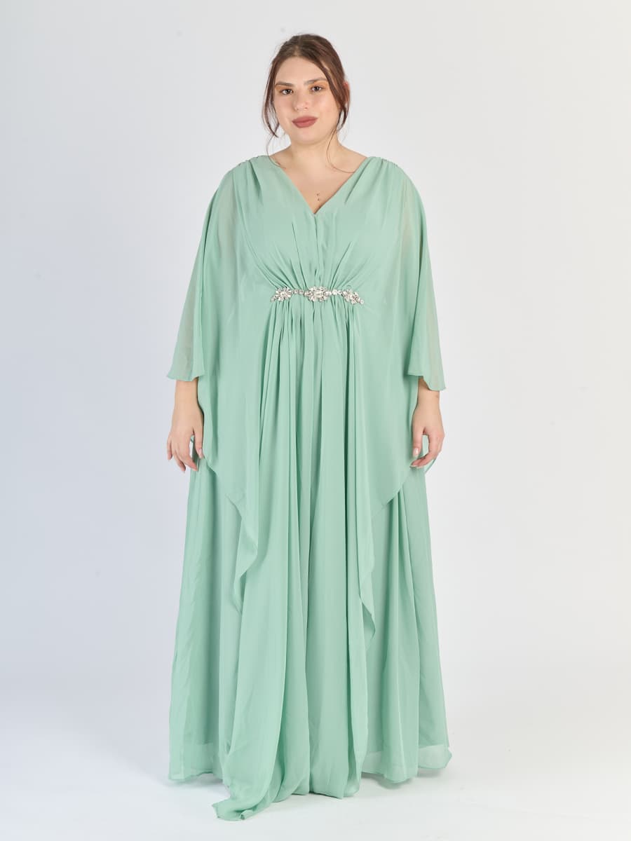 Abito lungo in Salvia, maniche ampie, stile sobrio e raffinato