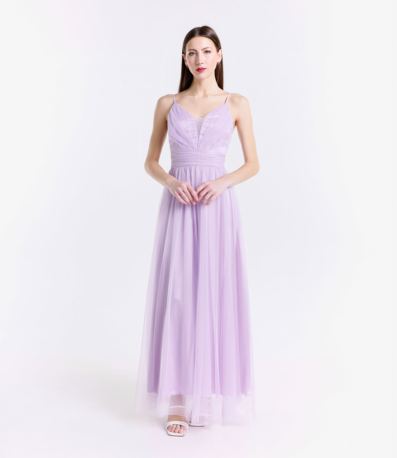 Abito lungo lilla in tulle affascinante, spalline sottili e scollo a V