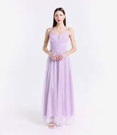 Abito lungo lilla in tulle affascinante, spalline sottili e scollo a V