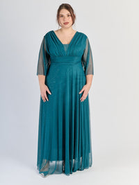 Abito lungo ottanio, scollatura a V e maniche trasparenti, un tocco di eleganza rame.