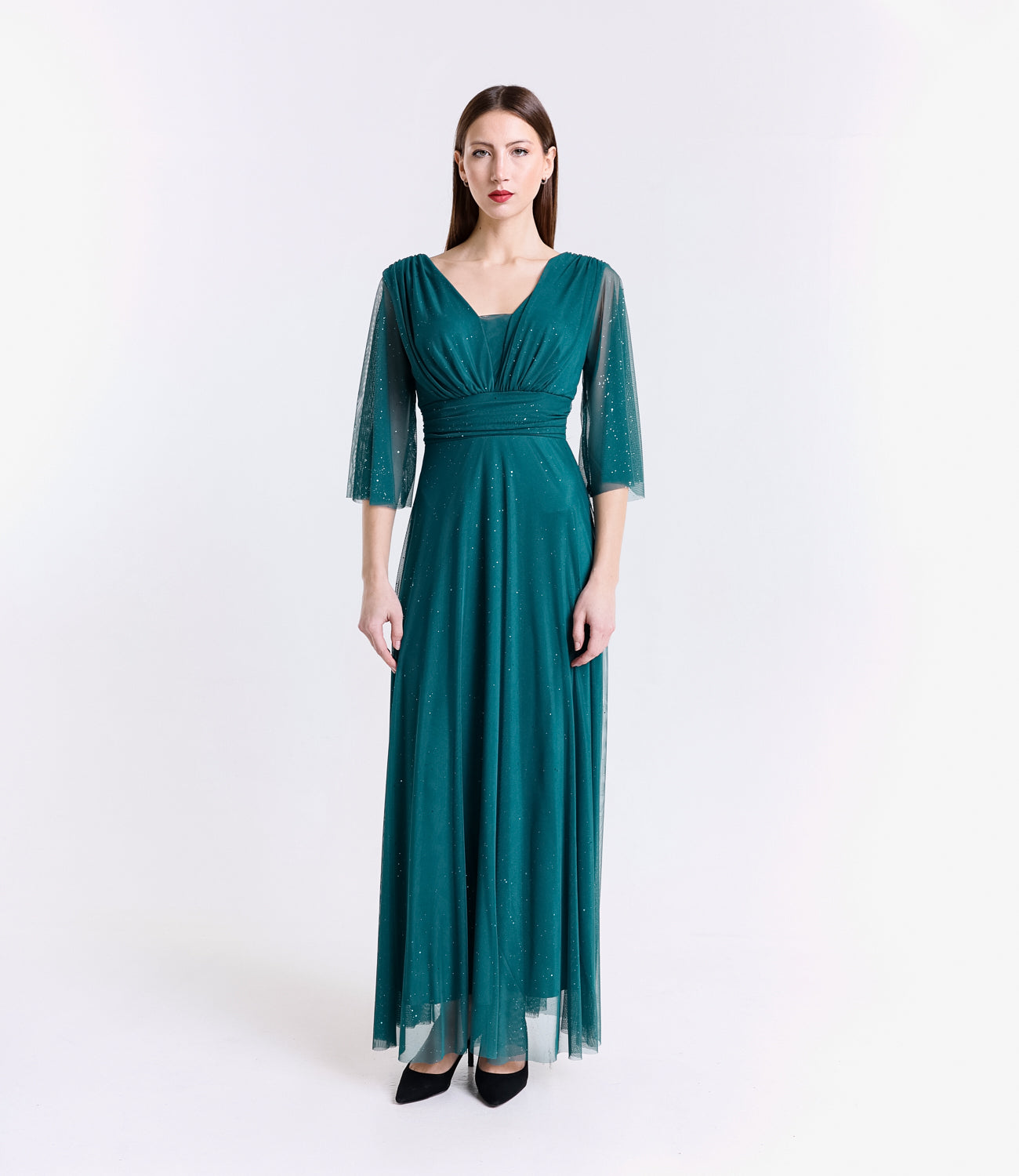 Abito lungo ottanio elegante con scollo a V e maniche in tulle trasparente