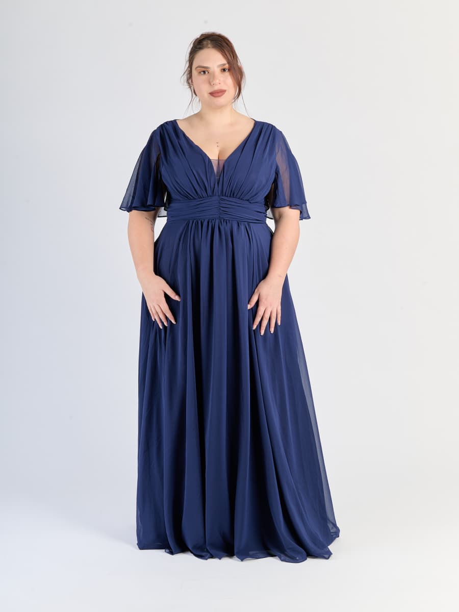 Abito lungo plus size Navy, scollo a V e maniche a campana classiche