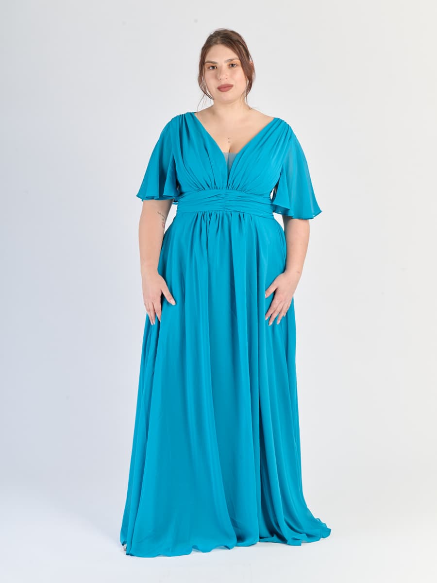 Abito lungo plus size Verde acqua, scollo a V e maniche a campana
