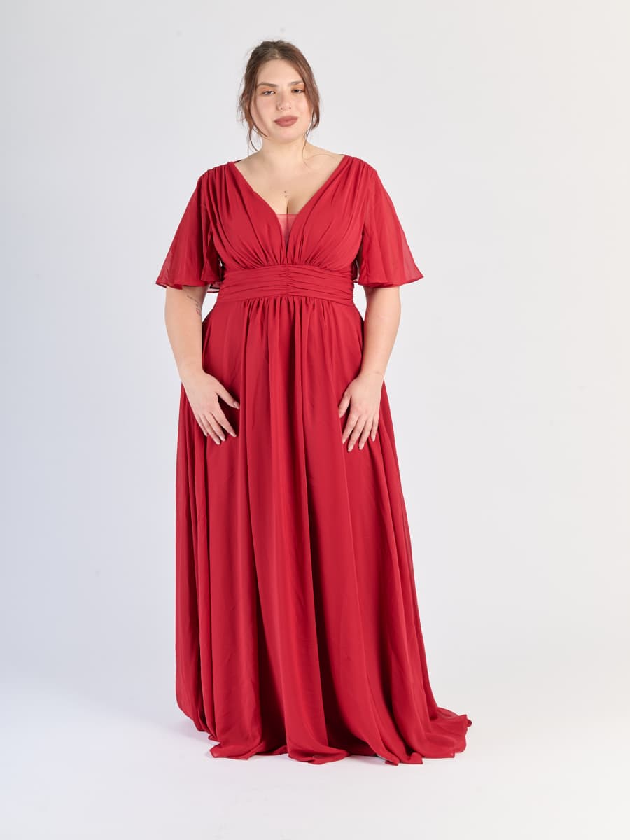Abito lungo plus size Bordo, scollo a V e maniche a campana romantiche