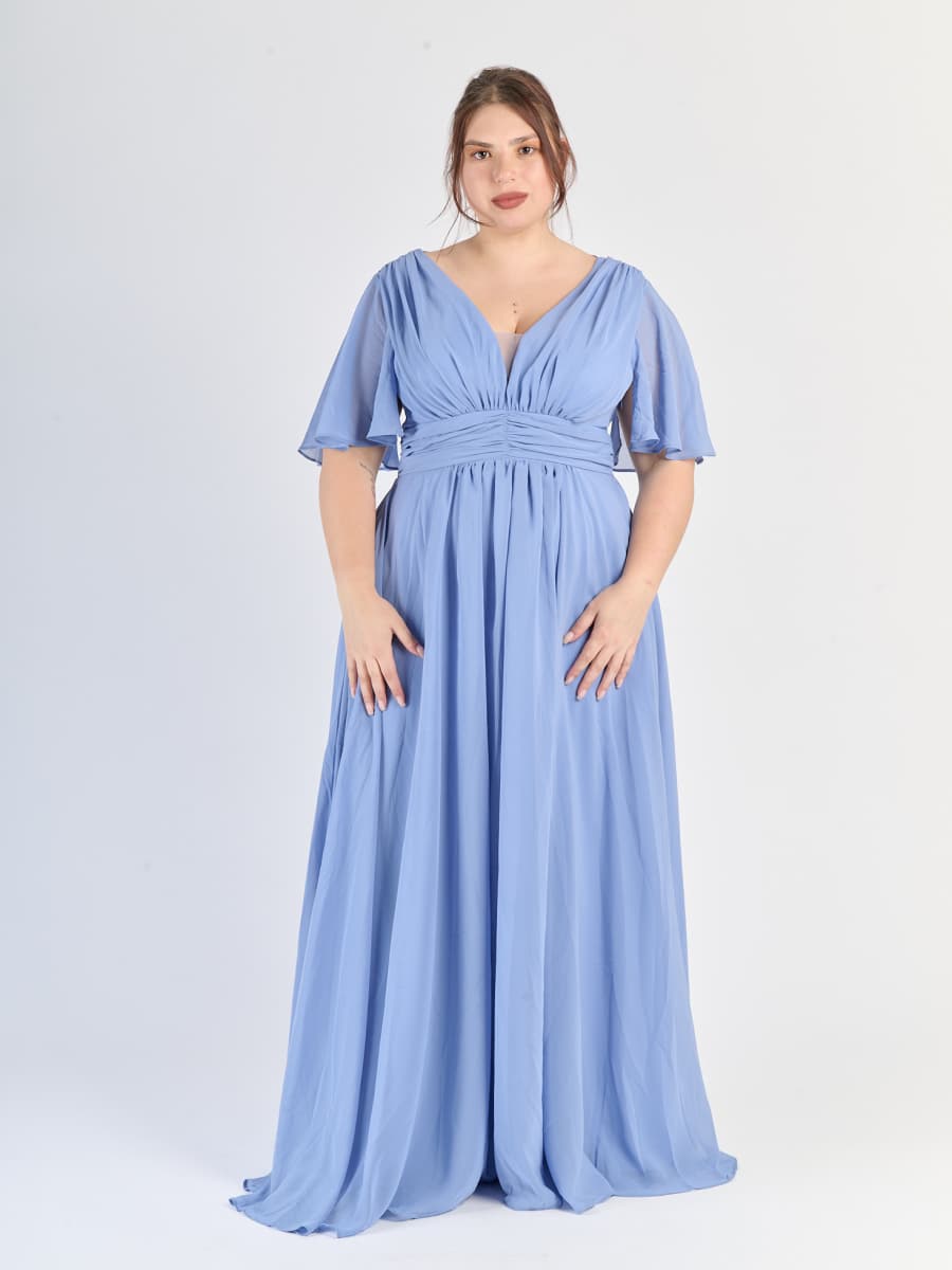 Abito lungo plus size Lavanda, scollo a V e maniche a campana delicate