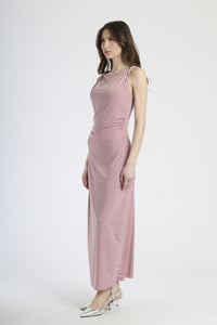 Abito lungo rosa antico senza spalline, colletto drappato