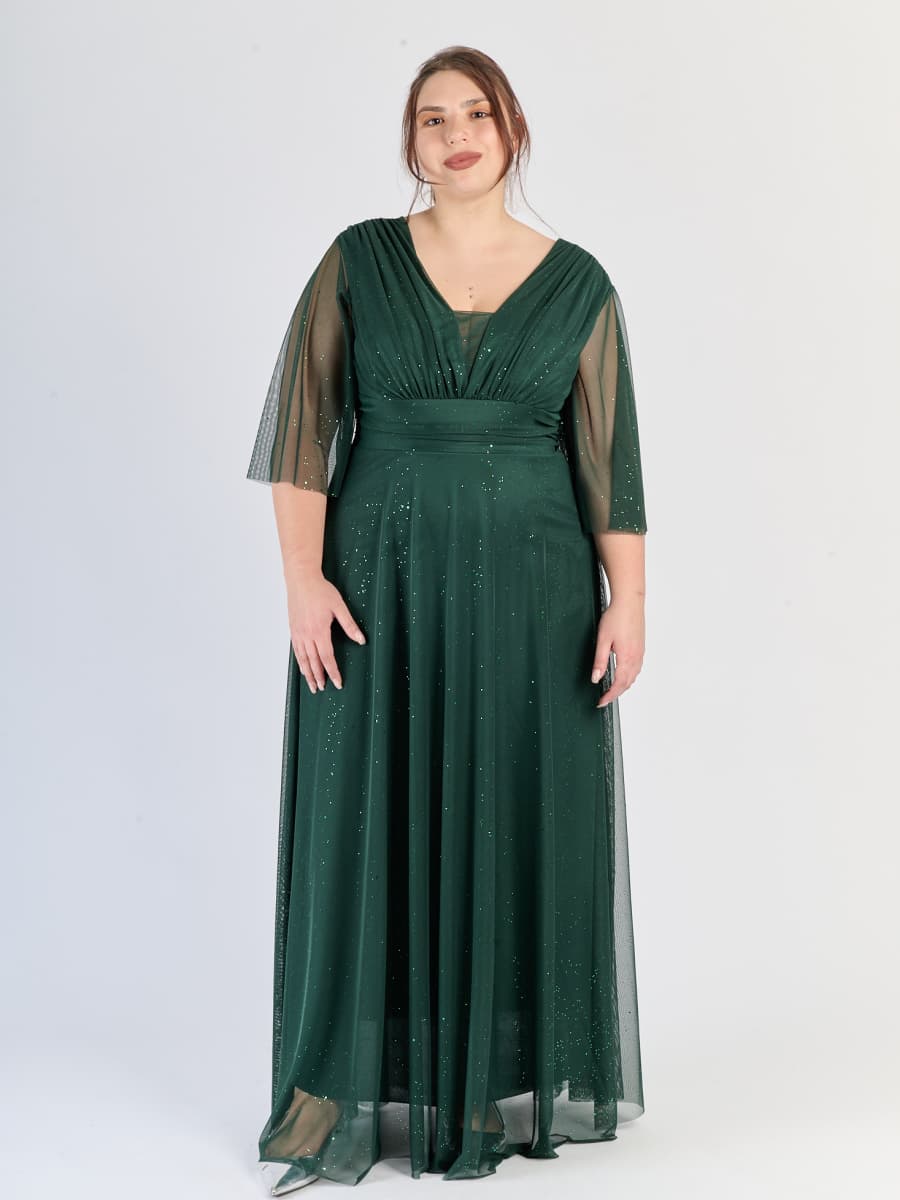 Abito lungo verde.S, scollatura a V e maniche trasparenti, un tocco di natura vibrante.