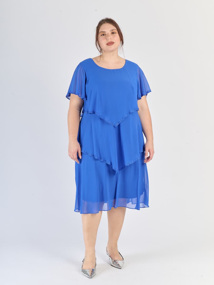 Abito midi bluette, struttura a livelli e maniche scollate, perfetto per occasioni eleganti