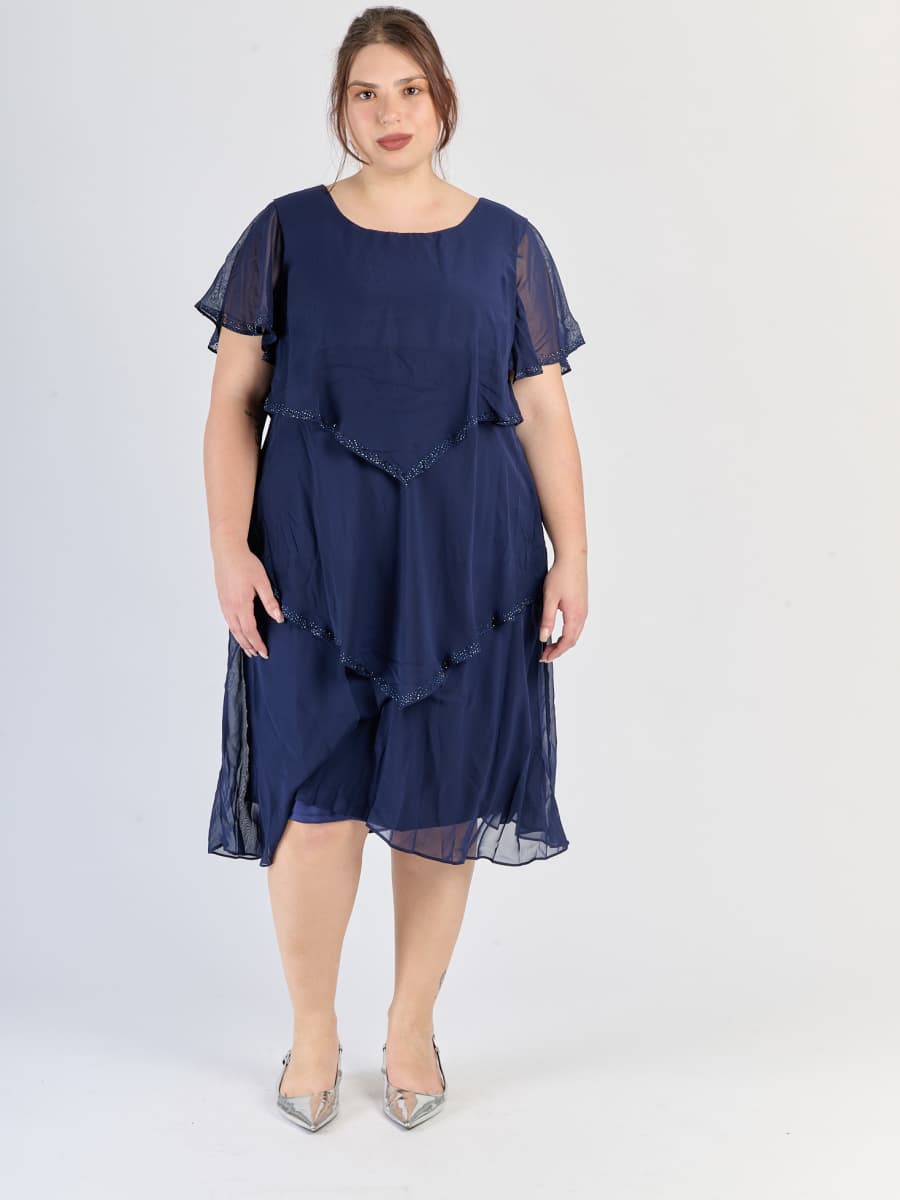 Abito navy a tre strati in chiffon, maniche trasparenti e eleganza classica