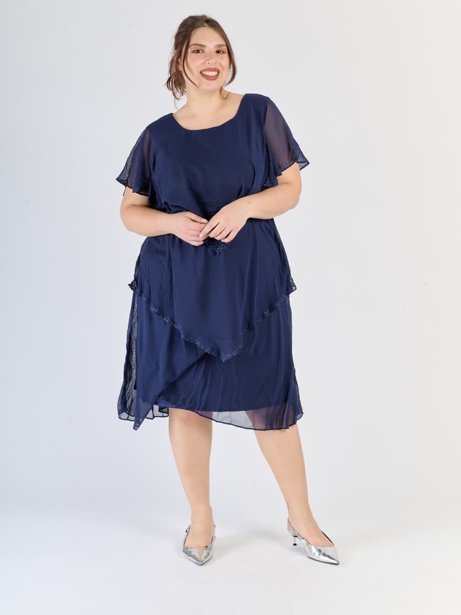 Abito navy elegante, pannelli in chiffon e maniche corte fluide