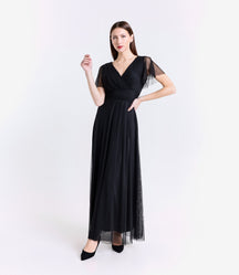 Abito nero con maniche corte, stile elegante e intenso