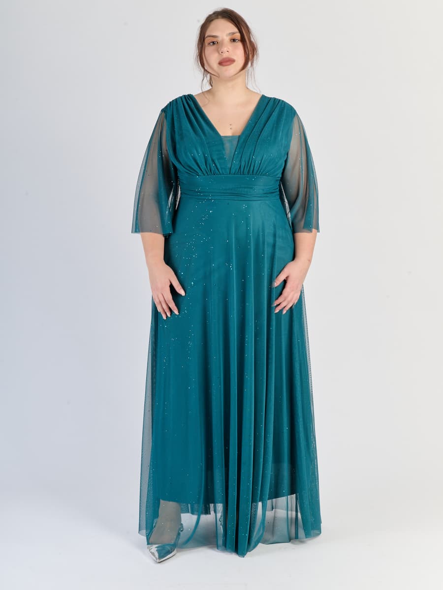 Abito ottanio da cerimonia, flusso e con maniche traslucide, incarna il lusso rame.