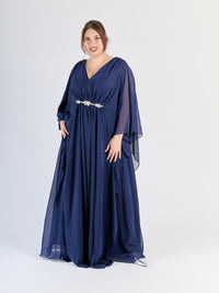 Abito plus size Blu scuro, gonna ampia, scollatura a V suggestiva