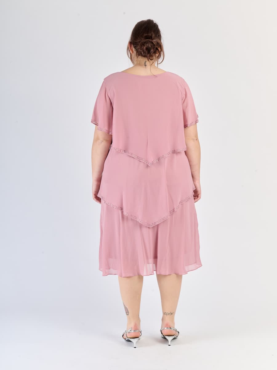 Abito rosa antico elegante, chiffon traslucido, design a livelli e maniche scollate