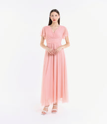 Abito rosa in tulle, scollo a V, maniche chiffon, stile tenero