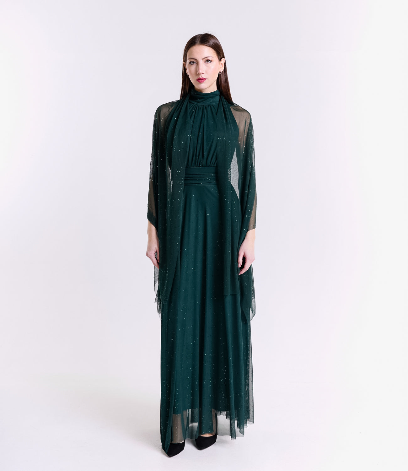 Abito verde.S a puzzo con volantino al braccio largo, ideale per passeggiate in foresta.