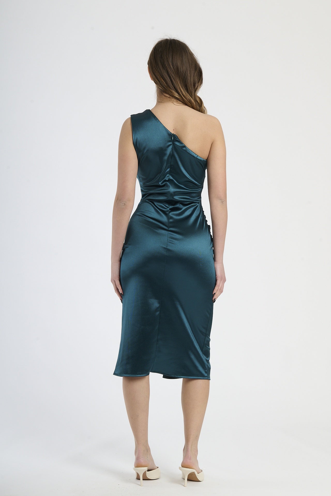 Abito verde.S a spalla unica con falda sfilata, abbigliamento dal tocco eco-chic.