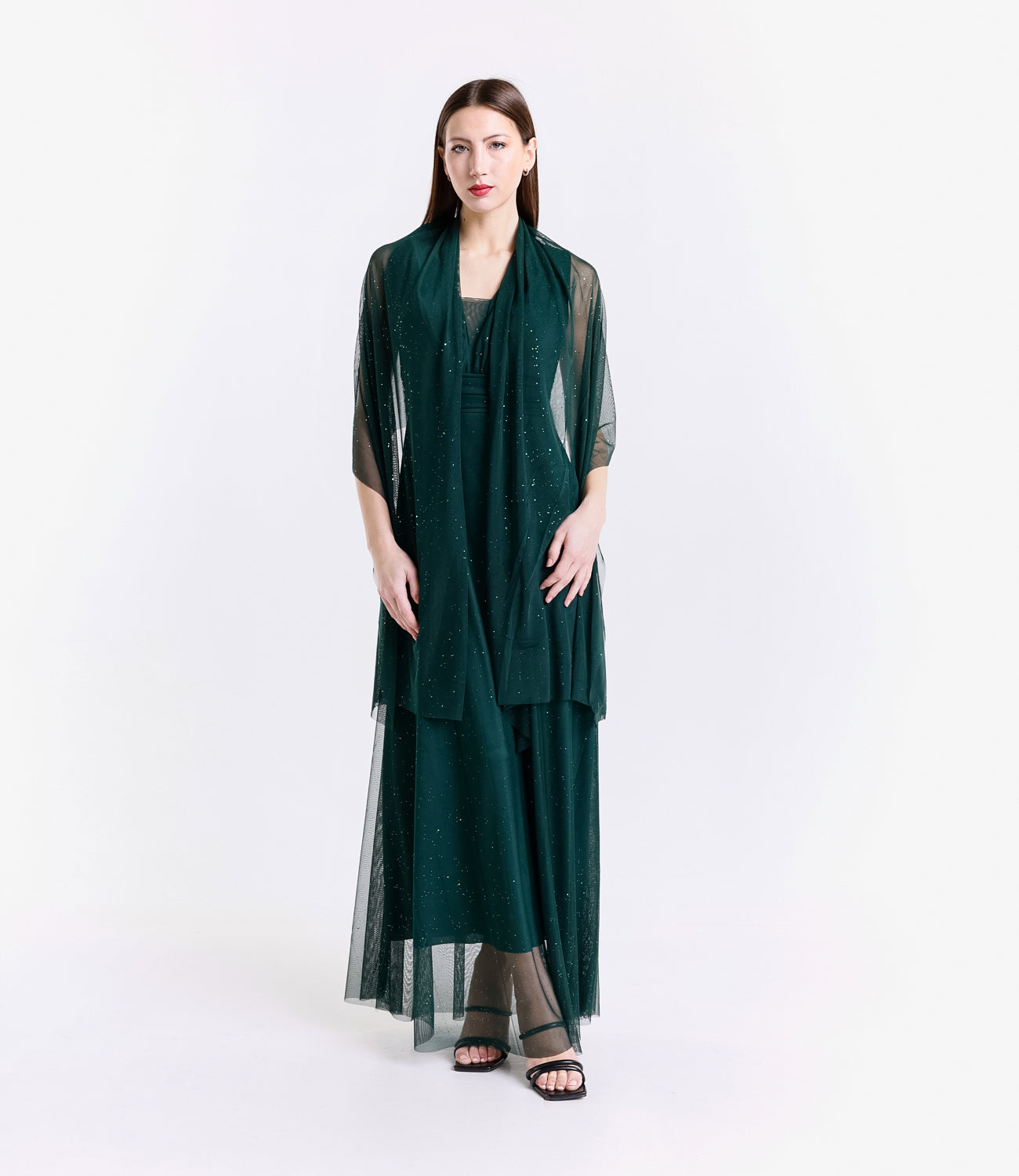 Abito verde.S con drappeggi, ideale per eventi botanici