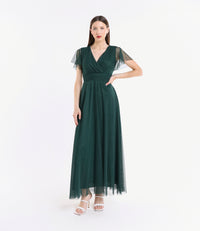 Abito verde.S in tulle, scollo a V, maniche chiffon, stile rinfrescante