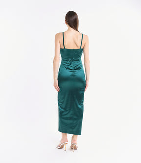 Abito verde.S satinato, spalline sottili, taglio slittato, colore