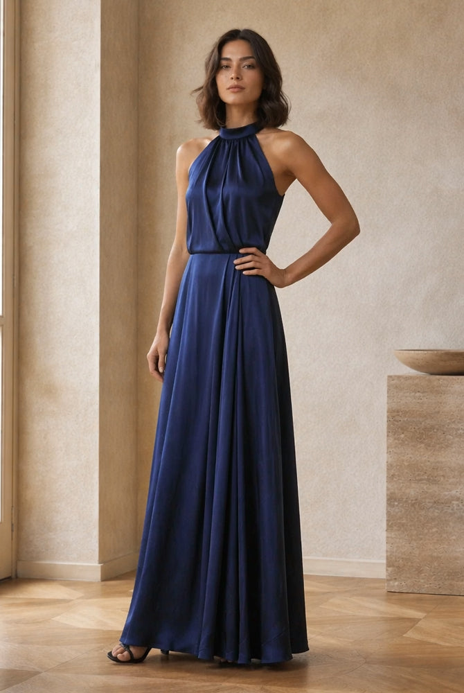 Abito lungo elegante con scollo a collo alto, senza maniche, in raso fluido, per cerimonie e occasioni speciali（副本）