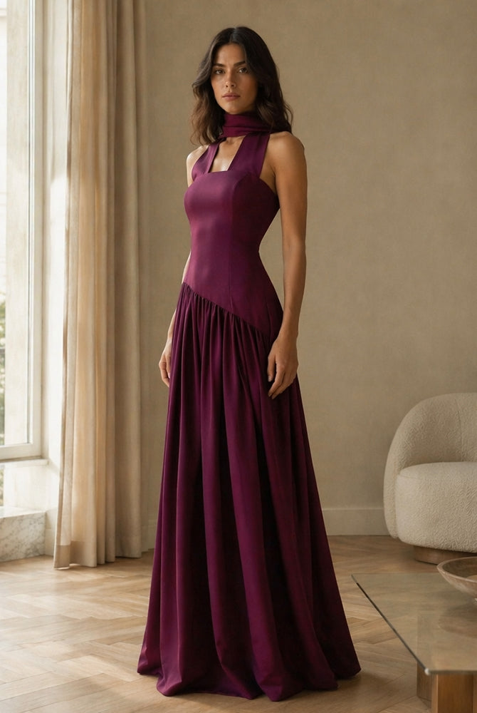 Abito lungo elegante con scollo a collo alto a fiocco, design bicolore con top asimmetrico e gonna fluida