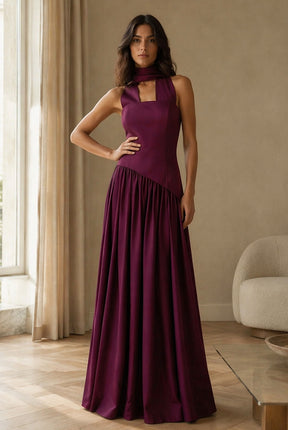 Abito lungo elegante con scollo a collo alto a fiocco, design bicolore con top asimmetrico e gonna fluida