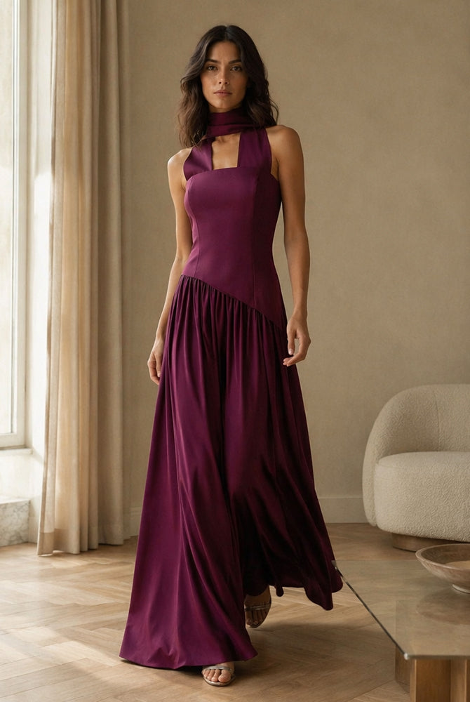 Abito lungo elegante con scollo a collo alto a fiocco, design bicolore con top asimmetrico e gonna fluida