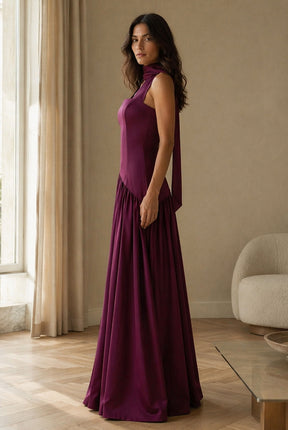 Abito lungo elegante con scollo a collo alto a fiocco, design bicolore con top asimmetrico e gonna fluida