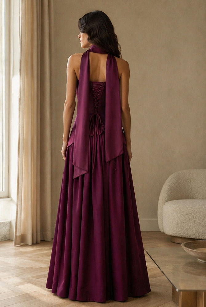 Abito lungo elegante con scollo a collo alto a fiocco, design bicolore con top asimmetrico e gonna fluida