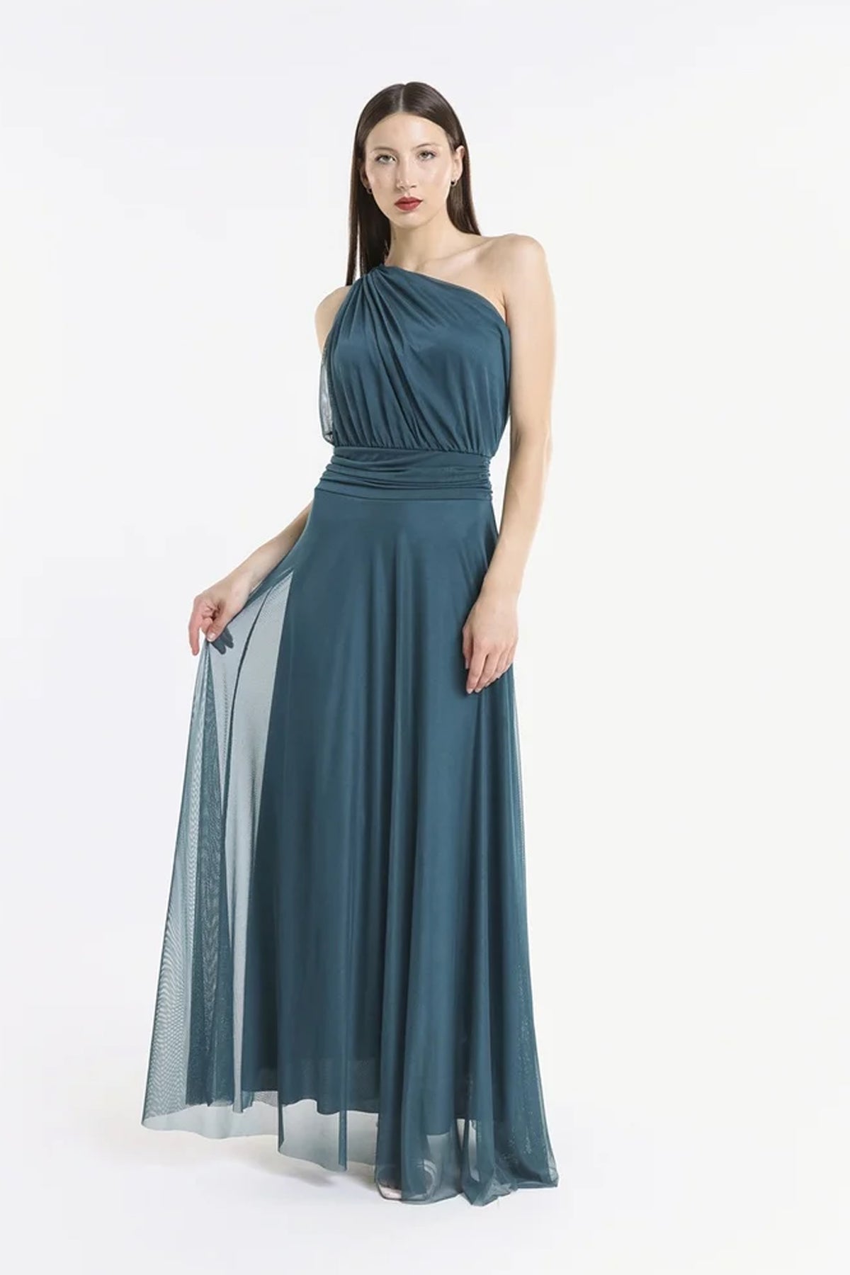 Abito lungo in tulle monospalla Lily -4