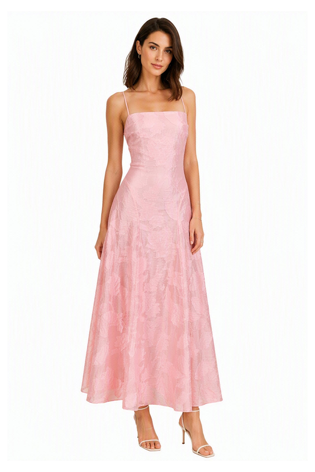 Abito midi elegante a spalline sottili con scollo a fascia, tessuto jacquard floreale e dettaglio a croce sul retro -1