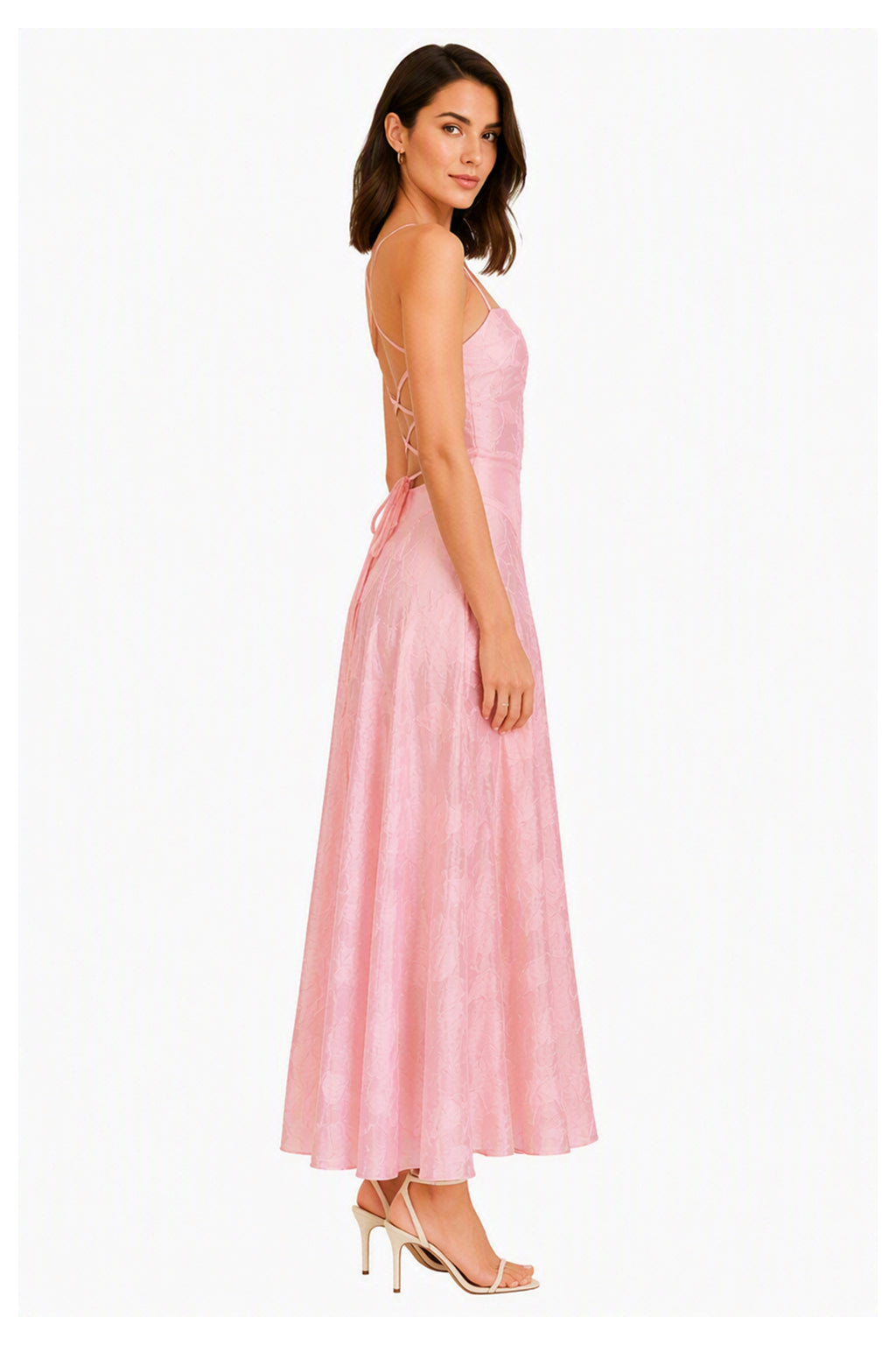 Abito midi elegante a spalline sottili con scollo a fascia, tessuto jacquard floreale e dettaglio a croce sul retro -1