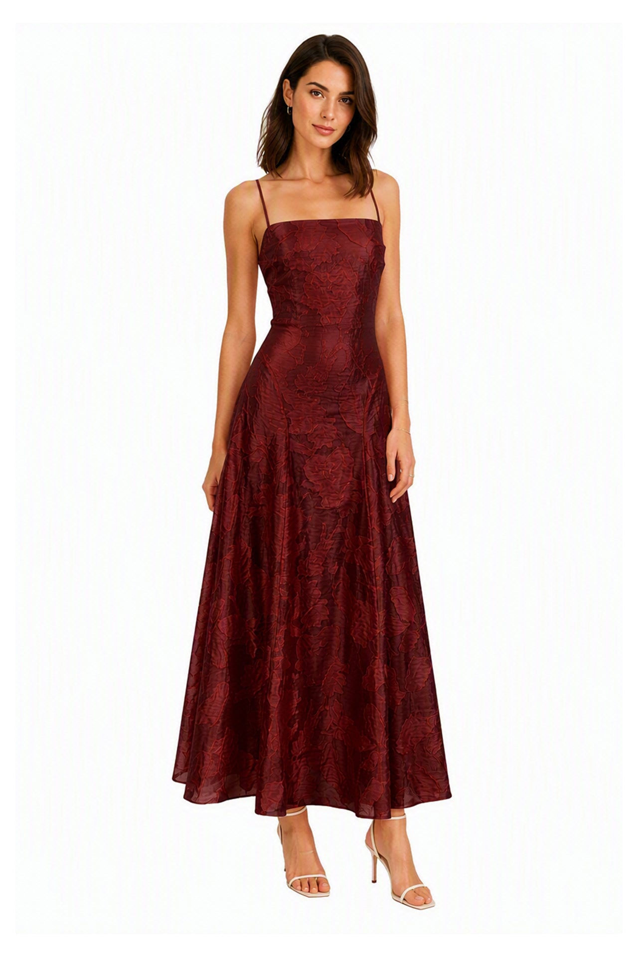 Abito midi elegante a spalline sottili con scollo a fascia, tessuto jacquard floreale e dettaglio a croce sul retro -5
